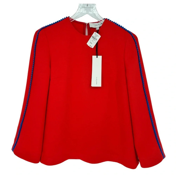 Galvan London NWT Misti Long Sleeve Crepe Pom Pom Blouse 4 Red Cobalt - Picture 2 of 9